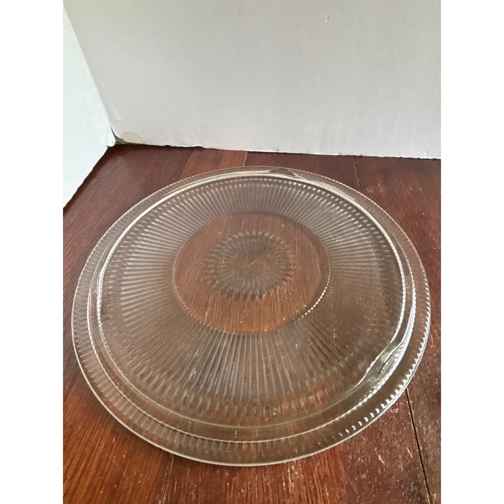 Vintage Clear Pressed Glass 3 Leg Short Cake Stand Sunburst Ribbed 12 Inch